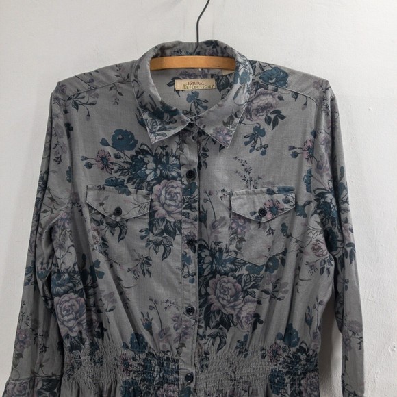Natural Reflections Womens Floral Collared Shirt Size L Gray 100% Cotton - Picture 2 of 14